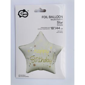   Happy Birthday feliratos fólia lufi csillag, matt törtfehér 18"/45 cm