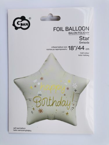 Happy Birthday feliratos fólia lufi csillag, matt törtfehér 18"/45 cm