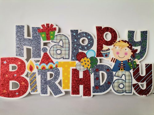 Tábla Happy Birthday fiús glitteres 