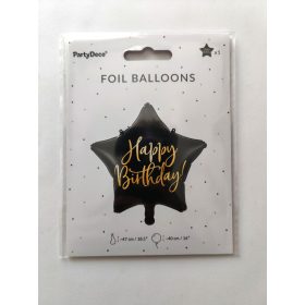   Happy Birthday feliratos fólia lufi csillag, fekete 15,5"/40 cm