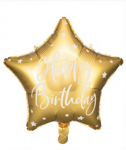 Happy Birthday feliratos fólia lufi csillag, arany 15,5"/40 cm