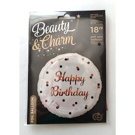   Happy Birthday feliratos fólia lufi kerek, fehér alapon rosegold - fekete pöttyös 18"/45 cm