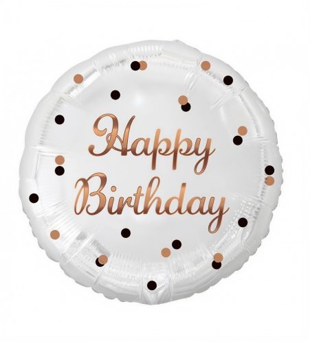 Happy Birthday feliratos fólia lufi kerek, fehér alapon rosegold - fekete pöttyös 18"/45 cm